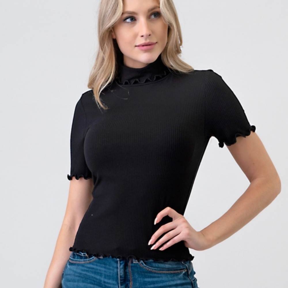Black Knit, Fitted, Lettuce-Merrow Shortsleeve Top